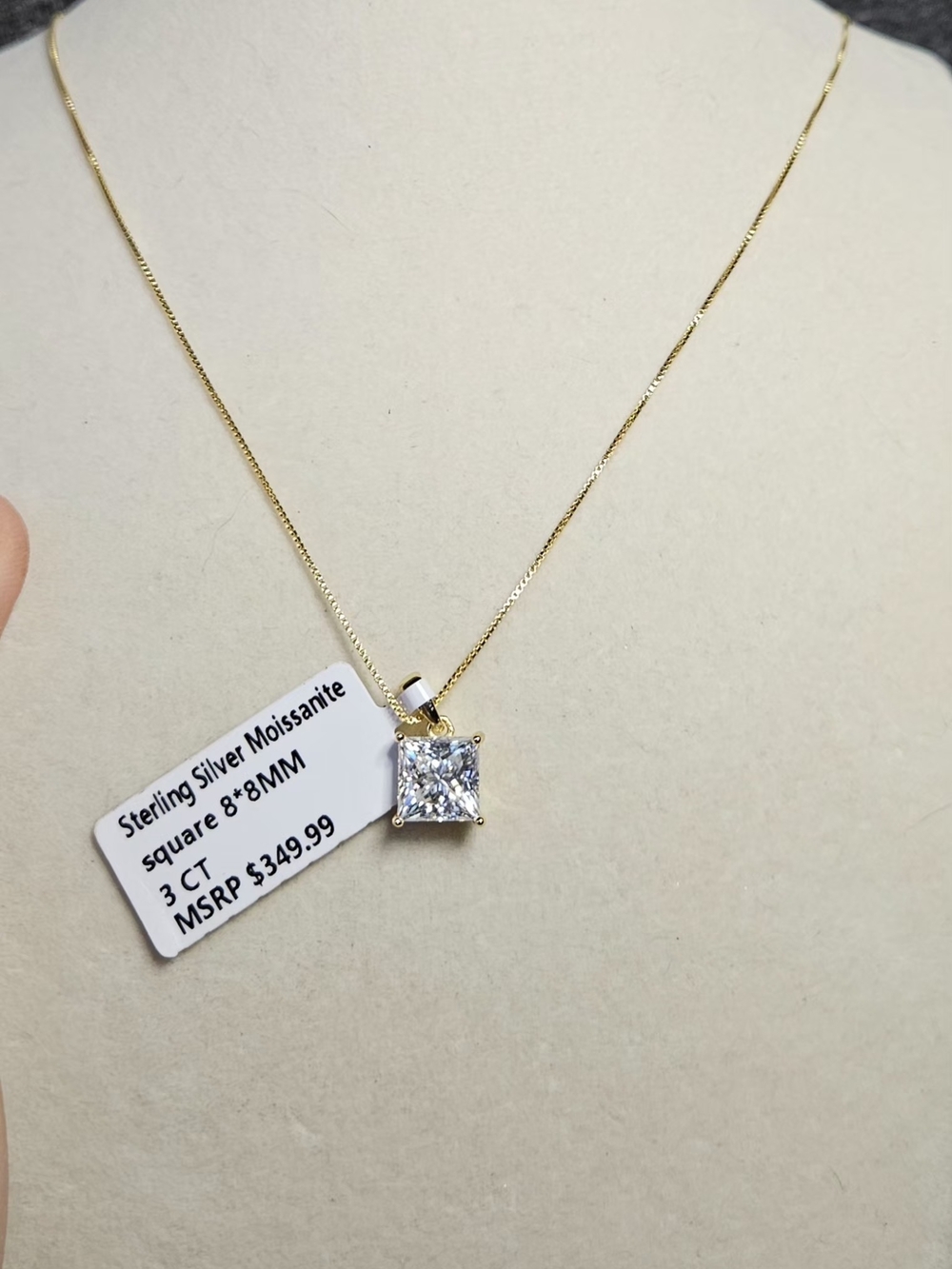Sterling Silver Moissanite Square Pendant Necklace in Gold Over - 8mm